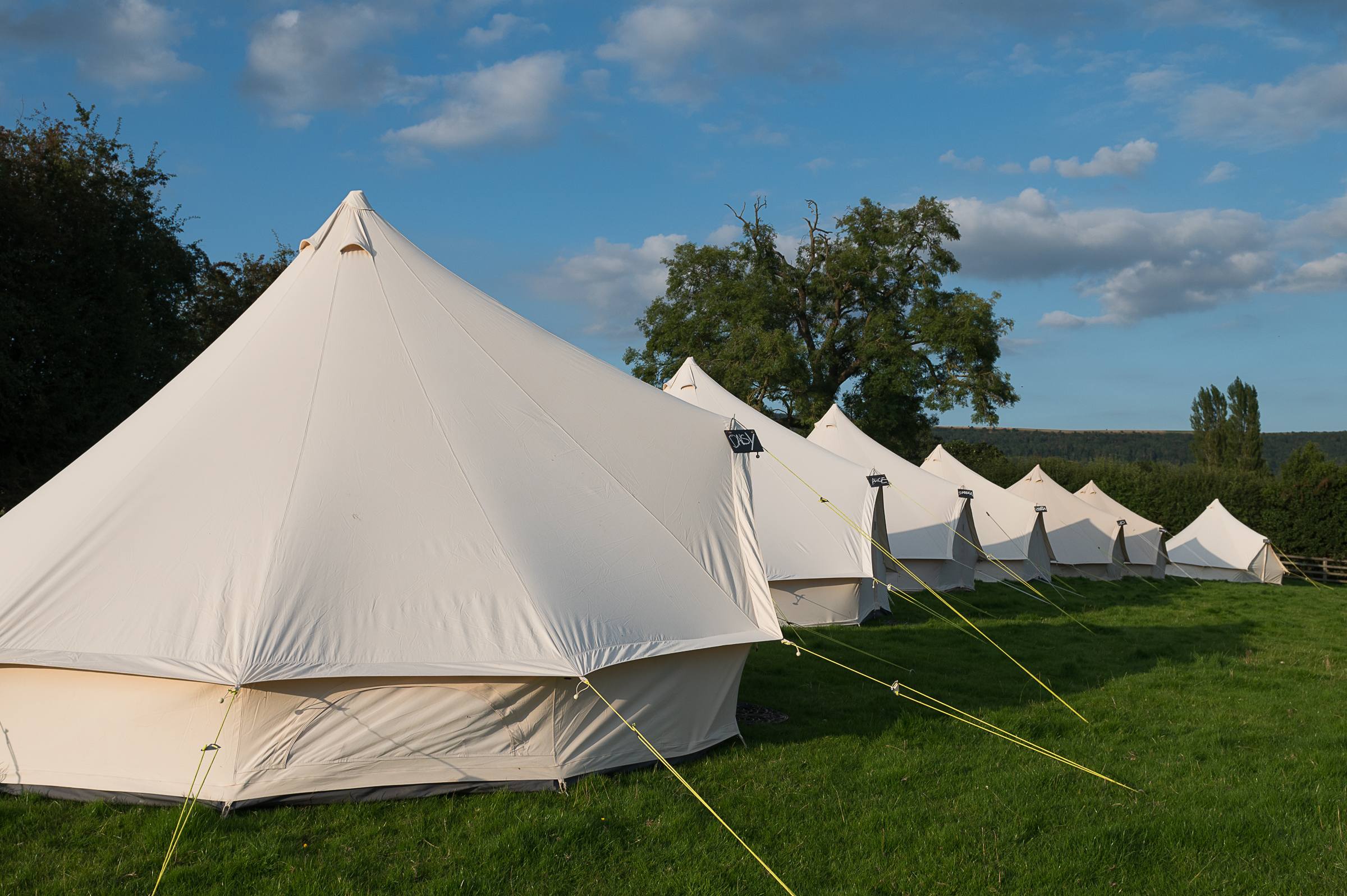 Row of pre-pitched bell tents lined up at an event